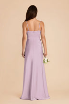 V Neck Spaghetti Strap Satin Bridesmaid Dress Ruffle Trim High Slit A Line Floor Length Plus Size Wedding Guest Gown