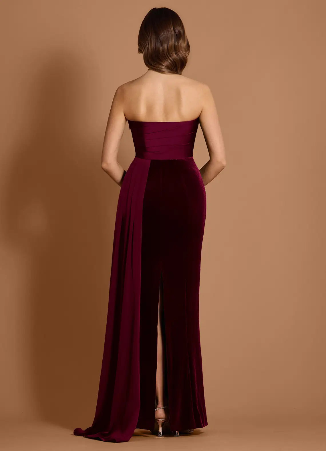 Velvet Combination Mermaid Strapless Sleeveless Open Back Train Floor Length Female Prom Dress