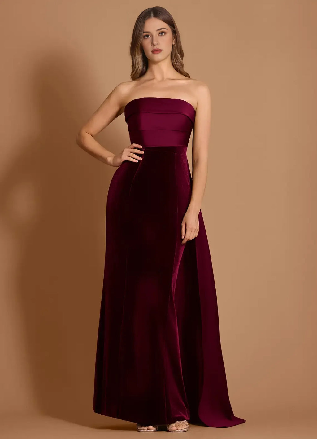 Velvet Combination Mermaid Strapless Sleeveless Open Back Train Floor Length Female Prom Dress