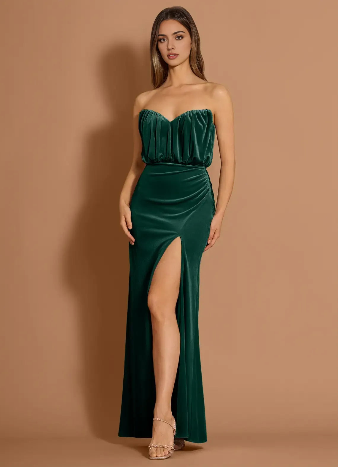 Velvet Ruched Sheath Sweetheart Strapless Open Back Floor Length For Sale Prom Dress