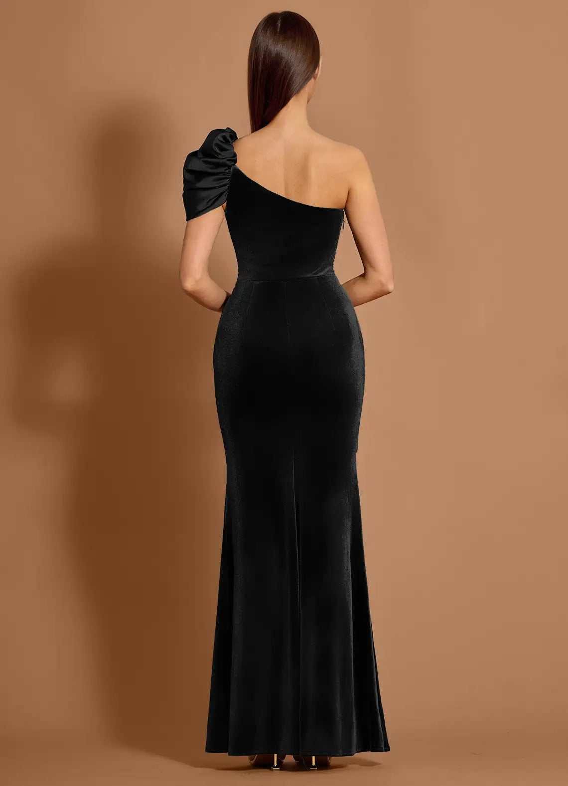 Velvet Ruffled Mermaid One Shoulder Sleeveless Open Back Floor Length For Sale Prom Dress