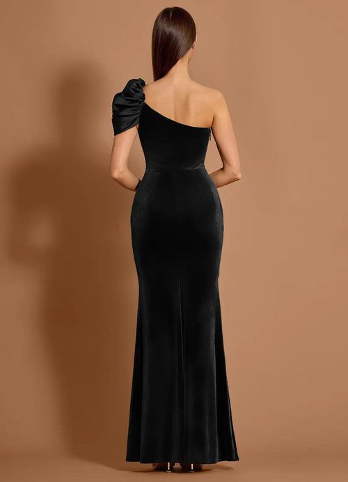 Velvet Ruffled Mermaid One Shoulder Sleeveless Open Back Floor Length For Sale Prom Dress