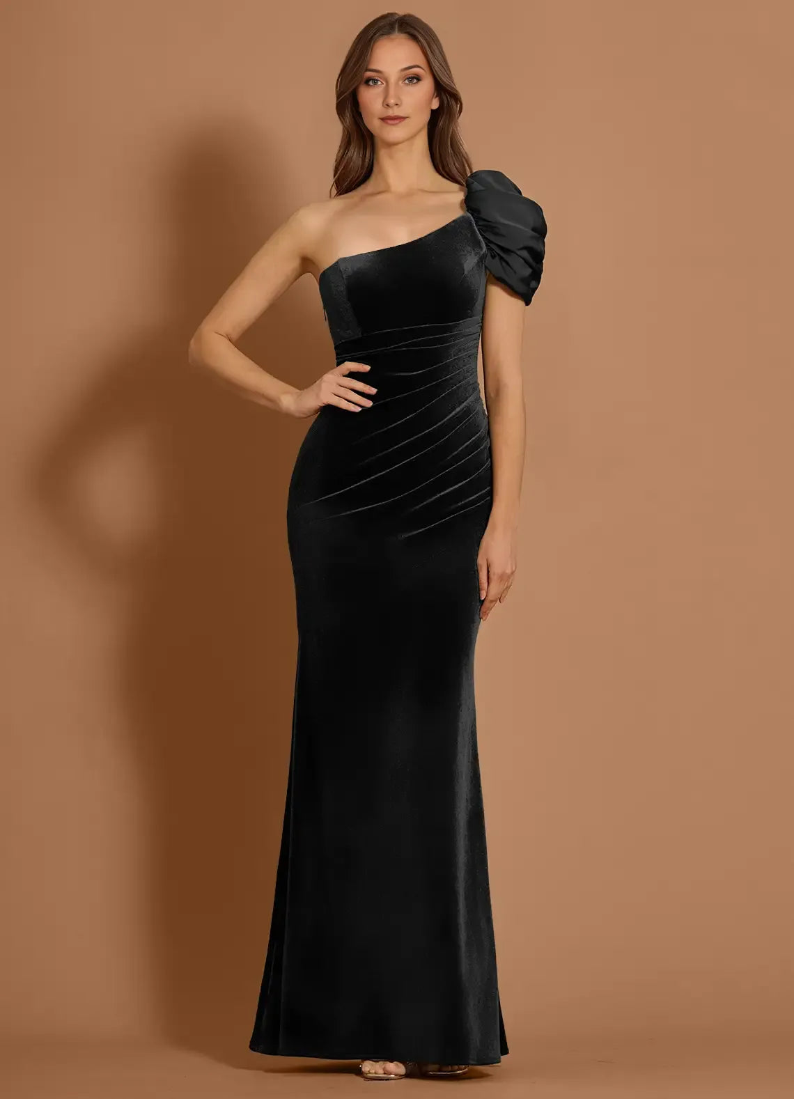 Velvet Ruffled Mermaid One Shoulder Sleeveless Open Back Floor Length For Sale Prom Dress