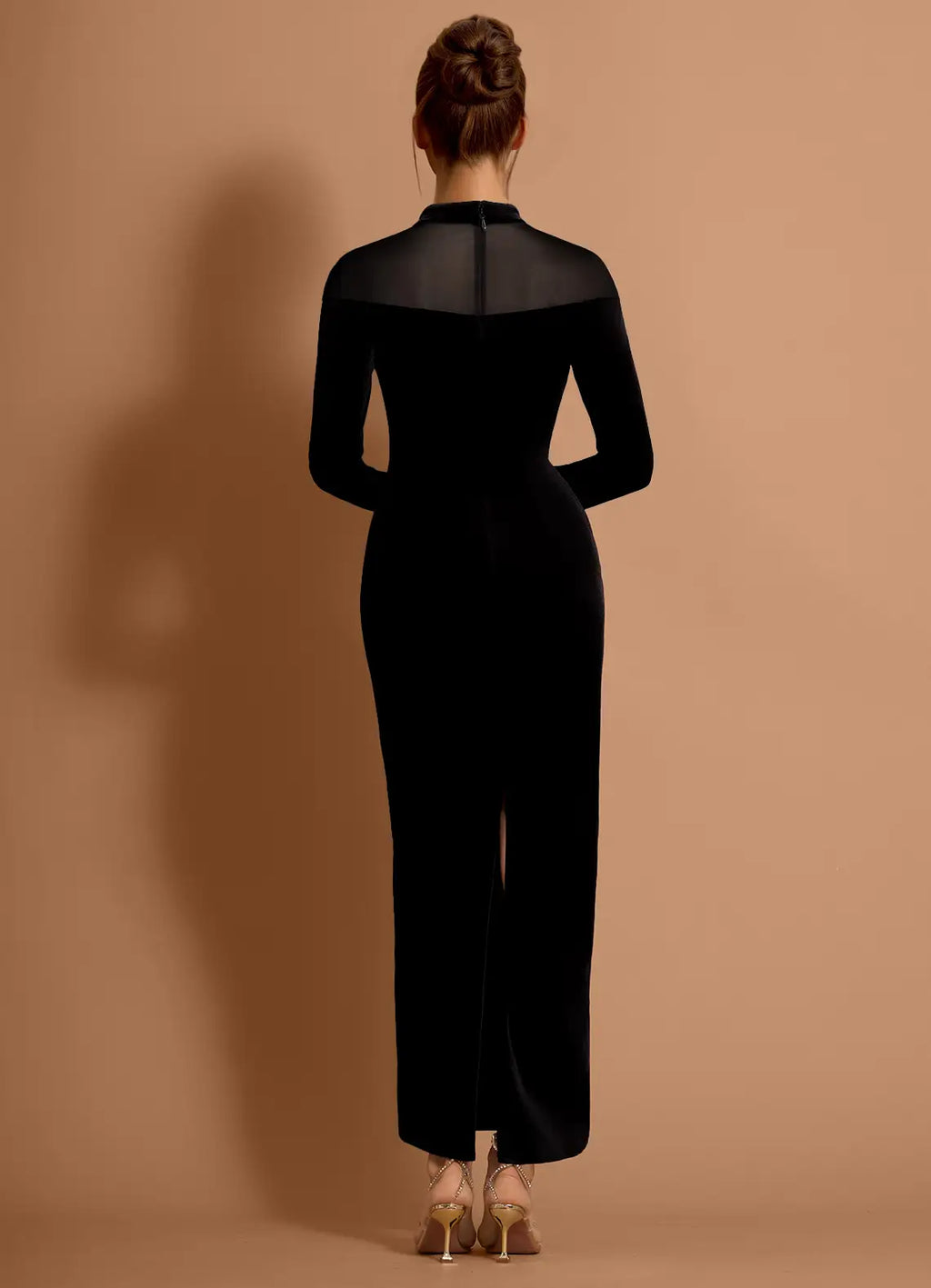 Velvet Sheath Mock Neck Long Sleeve Sheer Back Floor Length For Sale Prom Dress