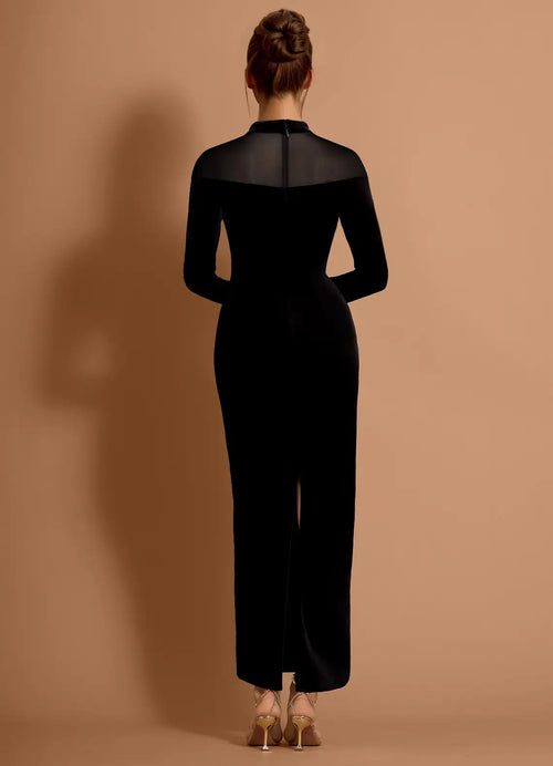 Robe de bal longue en velours fourreau, col montant, manches longues, dos transparent à vendre