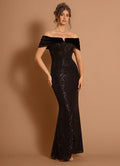 Velvet Trimmed Sequin Mermaid Off The Shoulder Sleeveless V Back Floor Length Hot sale Prom Dress