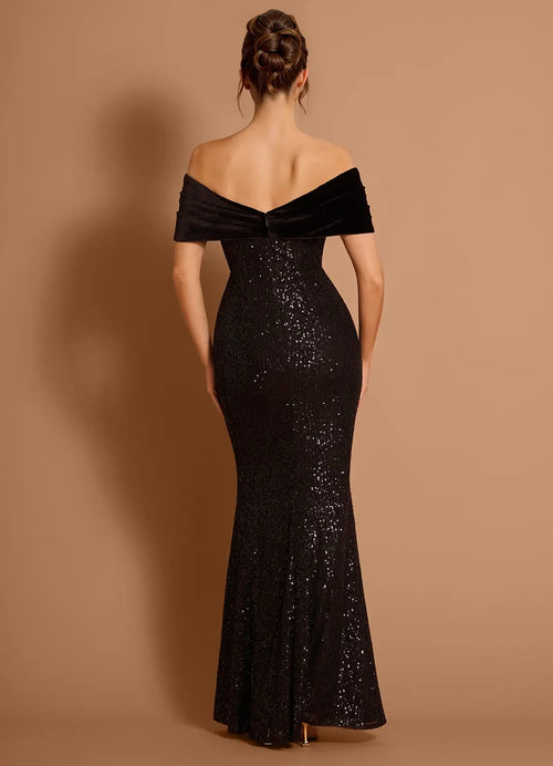 Robe de bal sirène à sequins avec bordure en velours, épaules dénudées, sans manches, dos en V, longue, vente chaude