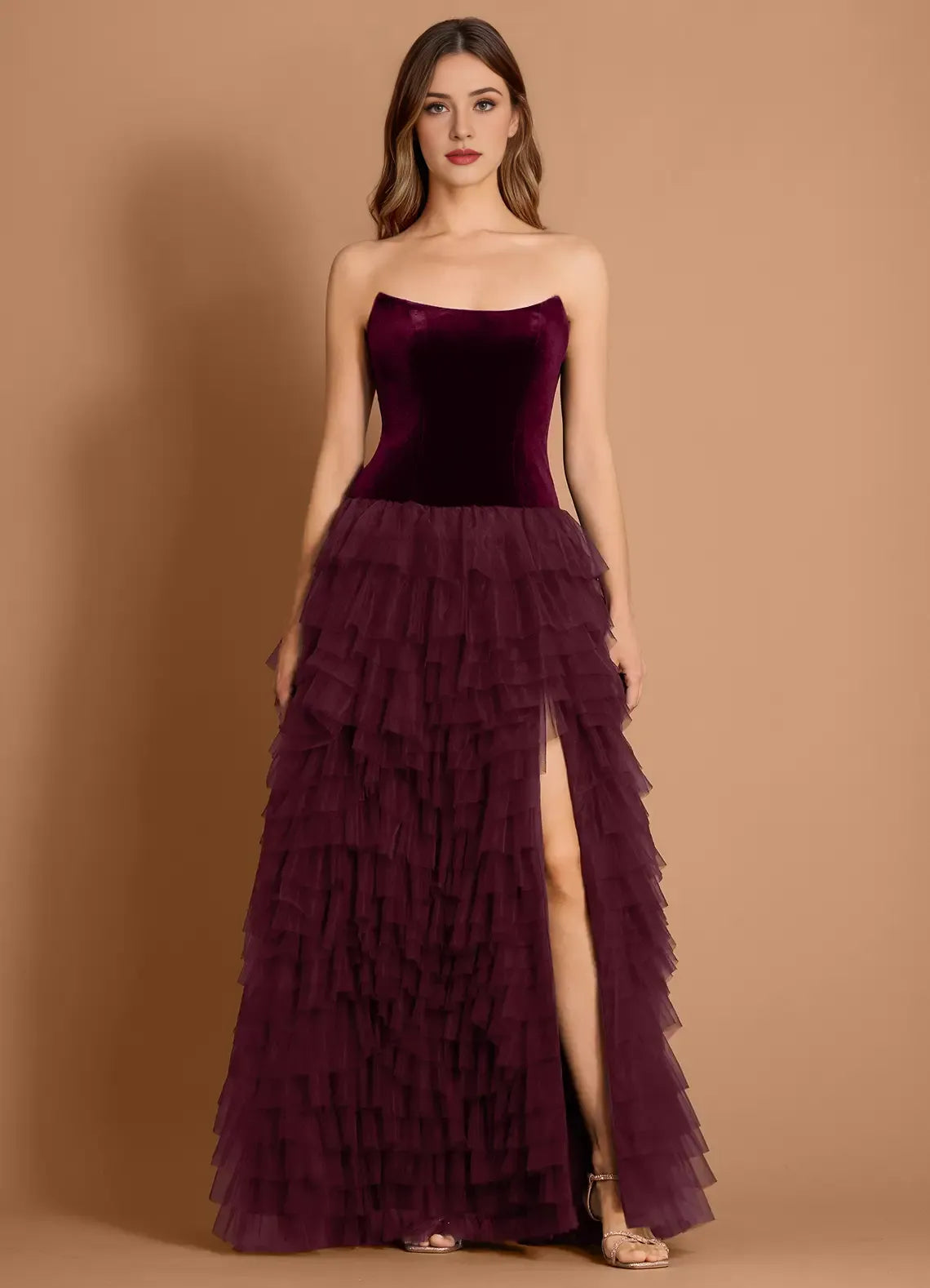 Velvet Tulle Ballgown Strapless Sleeveless Open Back Floor Length Hot sale Prom Dress