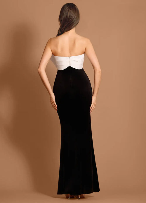 Robe de bal sirène longue, en velours bicolore, bustier, sans manches, avec nœud au dos – Grande vente