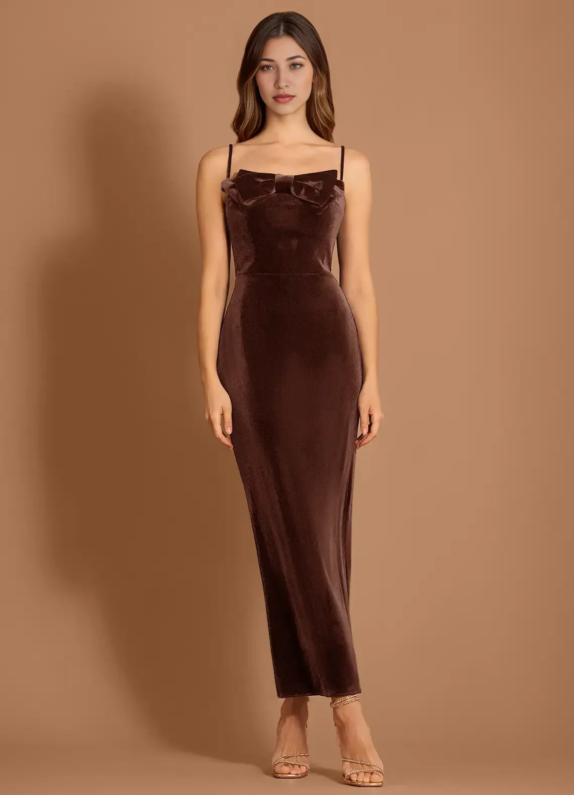 Velvety Sheath Square Neck Spaghetti Strap Zipper Back Midi Length For Ladies Prom Dress