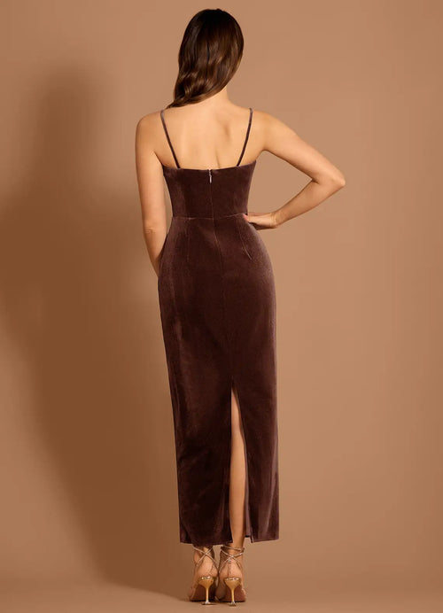 Robe de bal mi-longue en velours, coupe fourreau, col carré, à fines bretelles, avec fermeture éclair dans le dos, pour femme