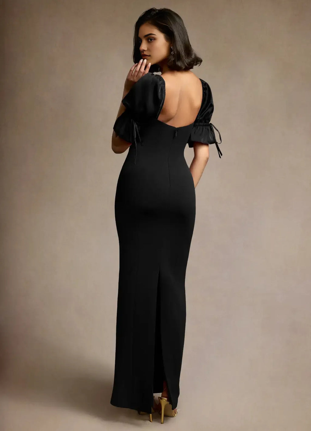 Velvety Sheath Sweetheart Tie Cuff Puff Sleeve Open Back Floor Length For Adults Prom Dress ﻿