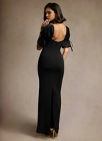 Velvety Sheath Sweetheart Tie Cuff Puff Sleeve Open Back Floor Length For Adults Prom Dress ﻿
