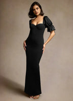 Velvety Sheath Sweetheart Tie Cuff Puff Sleeve Open Back Floor Length For Adults Prom Dress ﻿