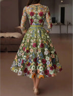 Vibrant A-Line Deep V Neck 3/4 Sleeve Midi Floral Dress