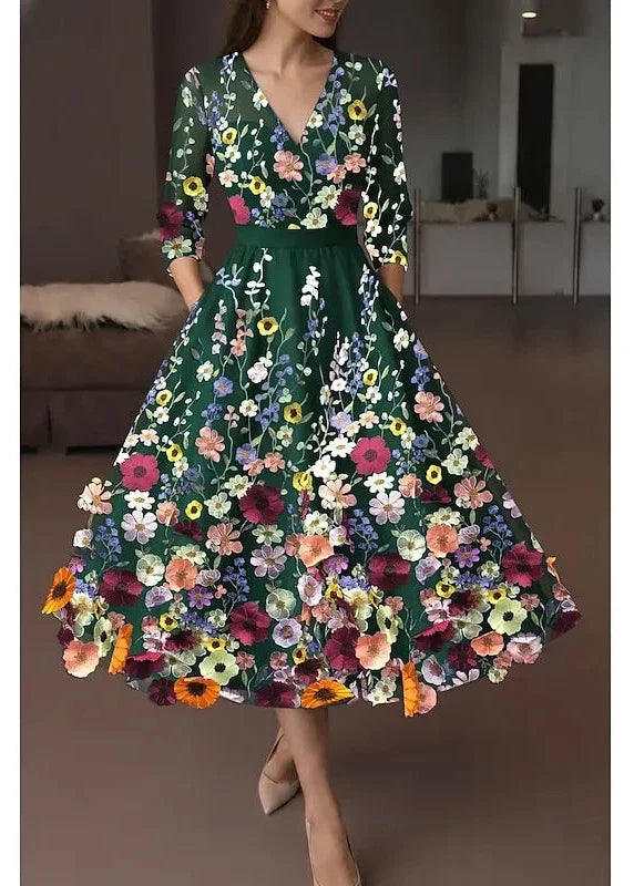 Vibrant A-Line Deep V Neck 3/4 Sleeve Midi Floral Dress