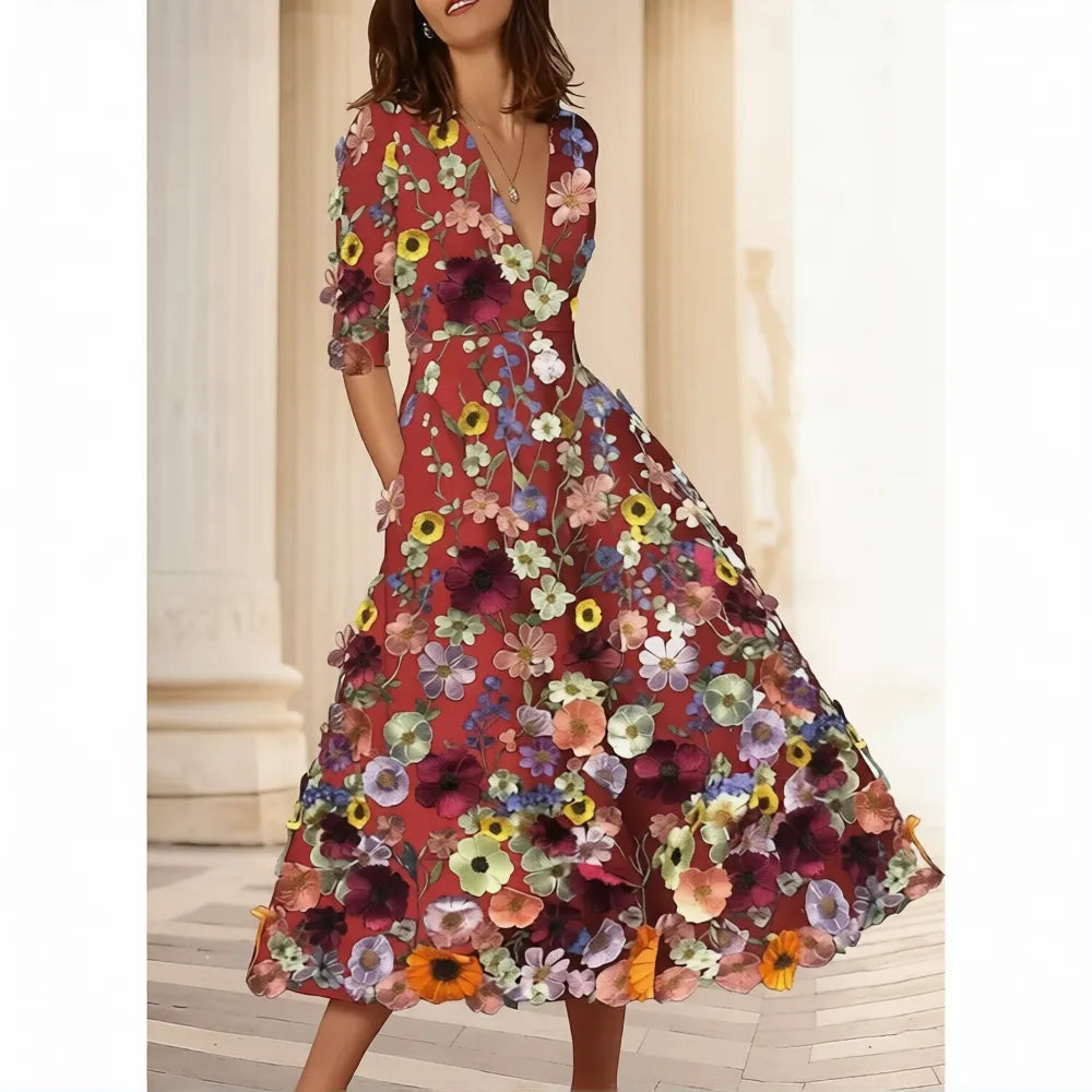 Vibrant A-Line Deep V Neck 3/4 Sleeve Midi Floral Dress