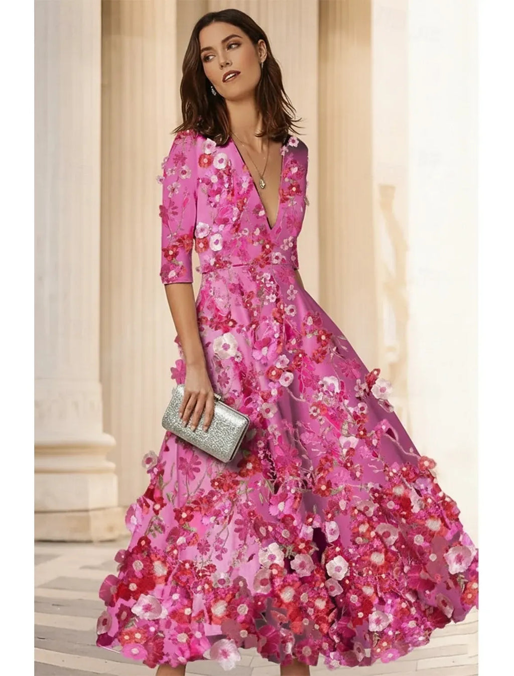 Vibrant A-Line Deep V Neck 3/4 Sleeve Midi Floral Dress