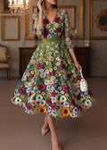 Vibrant A-Line Deep V Neck 3/4 Sleeve Midi Floral Dress