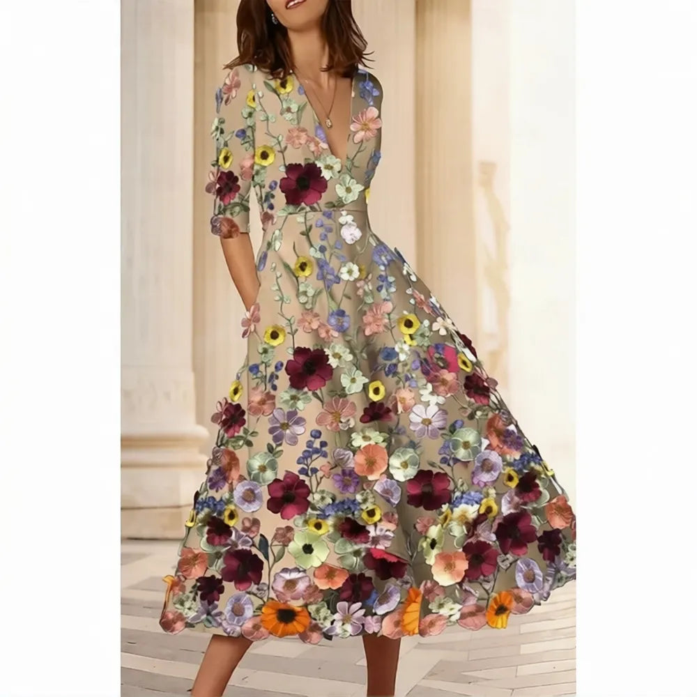Vibrant A-Line Deep V Neck 3/4 Sleeve Midi Floral Dress