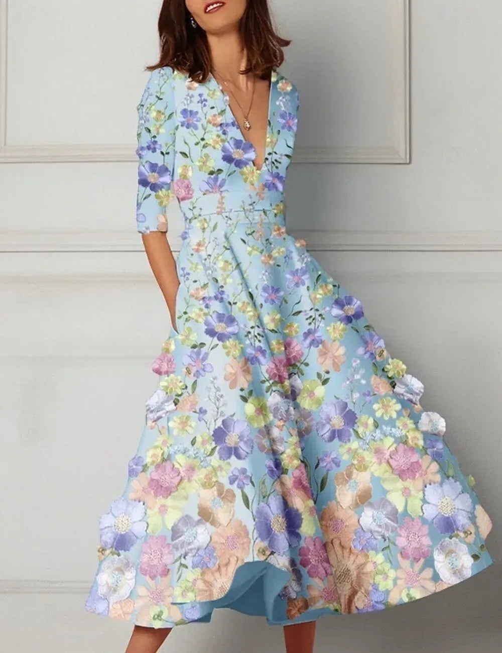 Vibrant A-Line Deep V Neck 3/4 Sleeve Midi Floral Dress