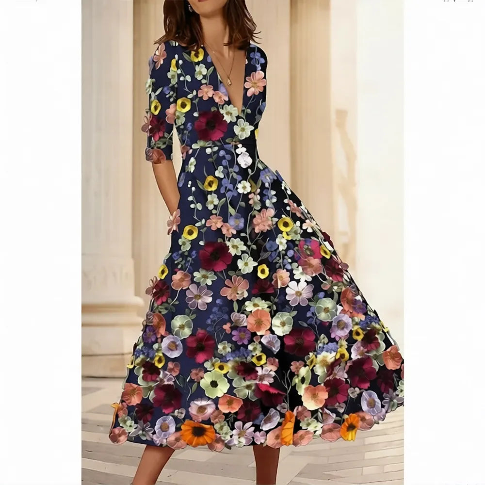 Vibrant A-Line Deep V Neck 3/4 Sleeve Midi Floral Dress