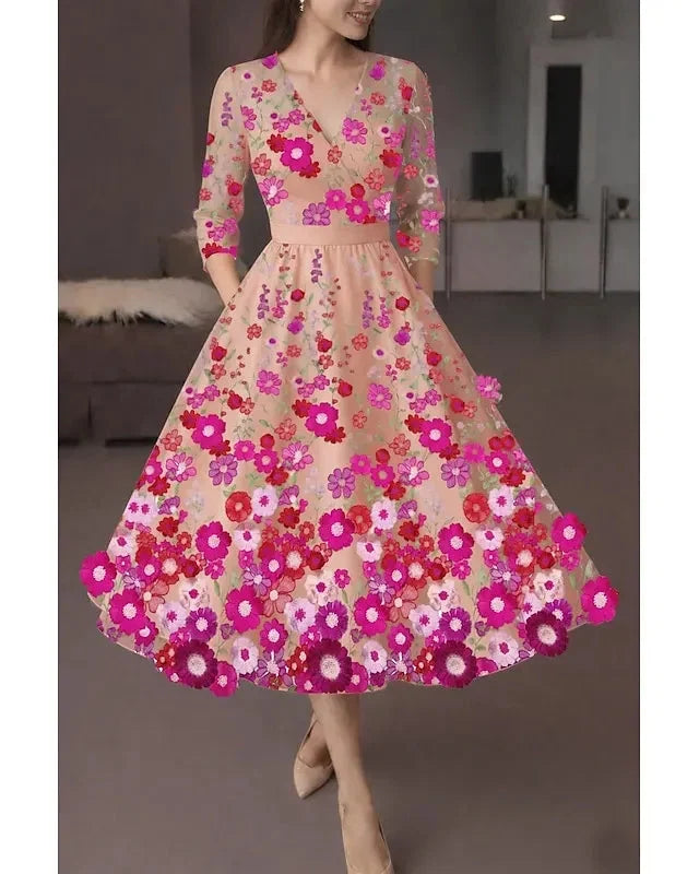 Vibrant A-Line Deep V Neck 3/4 Sleeve Midi Floral Dress