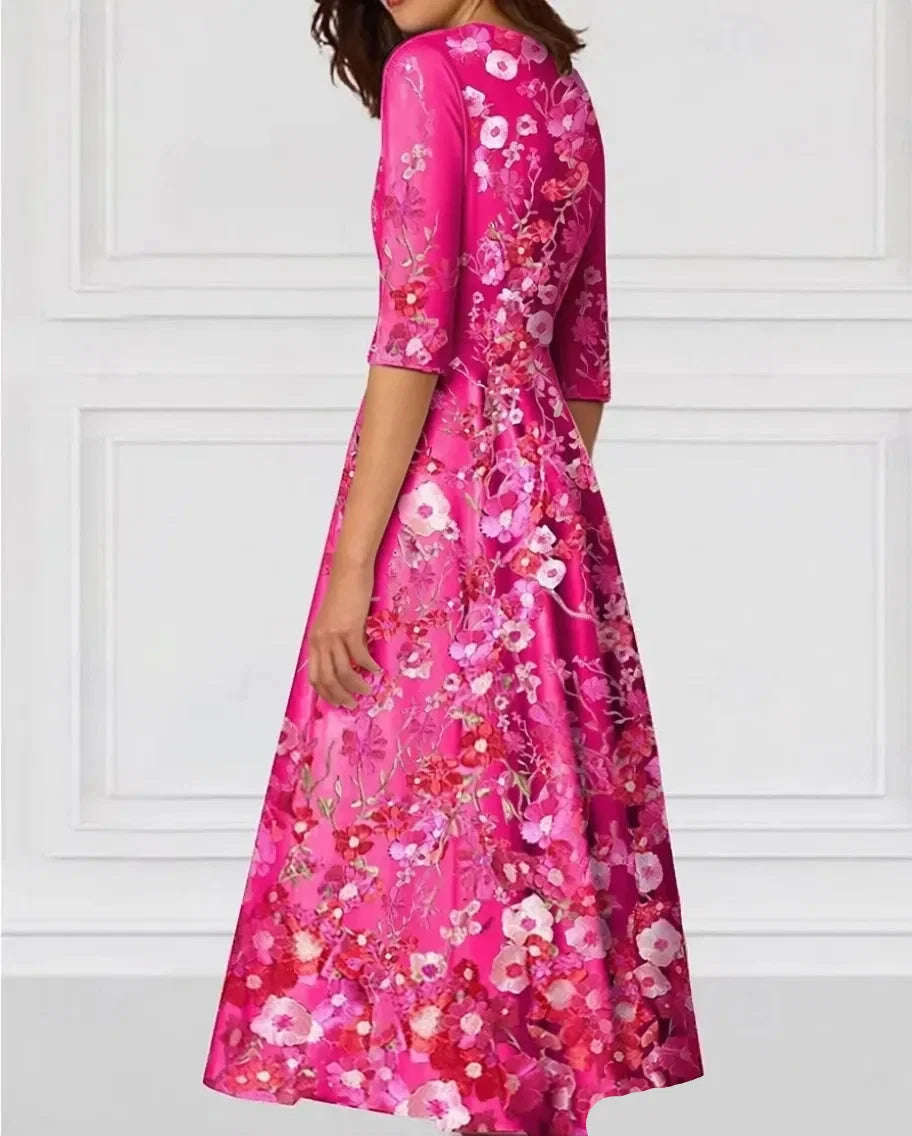 Vibrant A-Line Deep V Neck 3/4 Sleeve Midi Floral Dress
