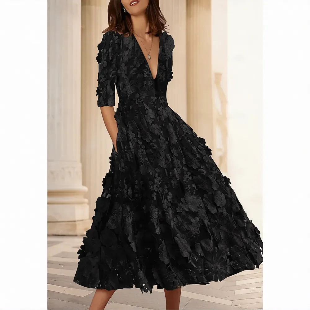 Vibrant A-Line Deep V Neck 3/4 Sleeve Midi Floral Dress