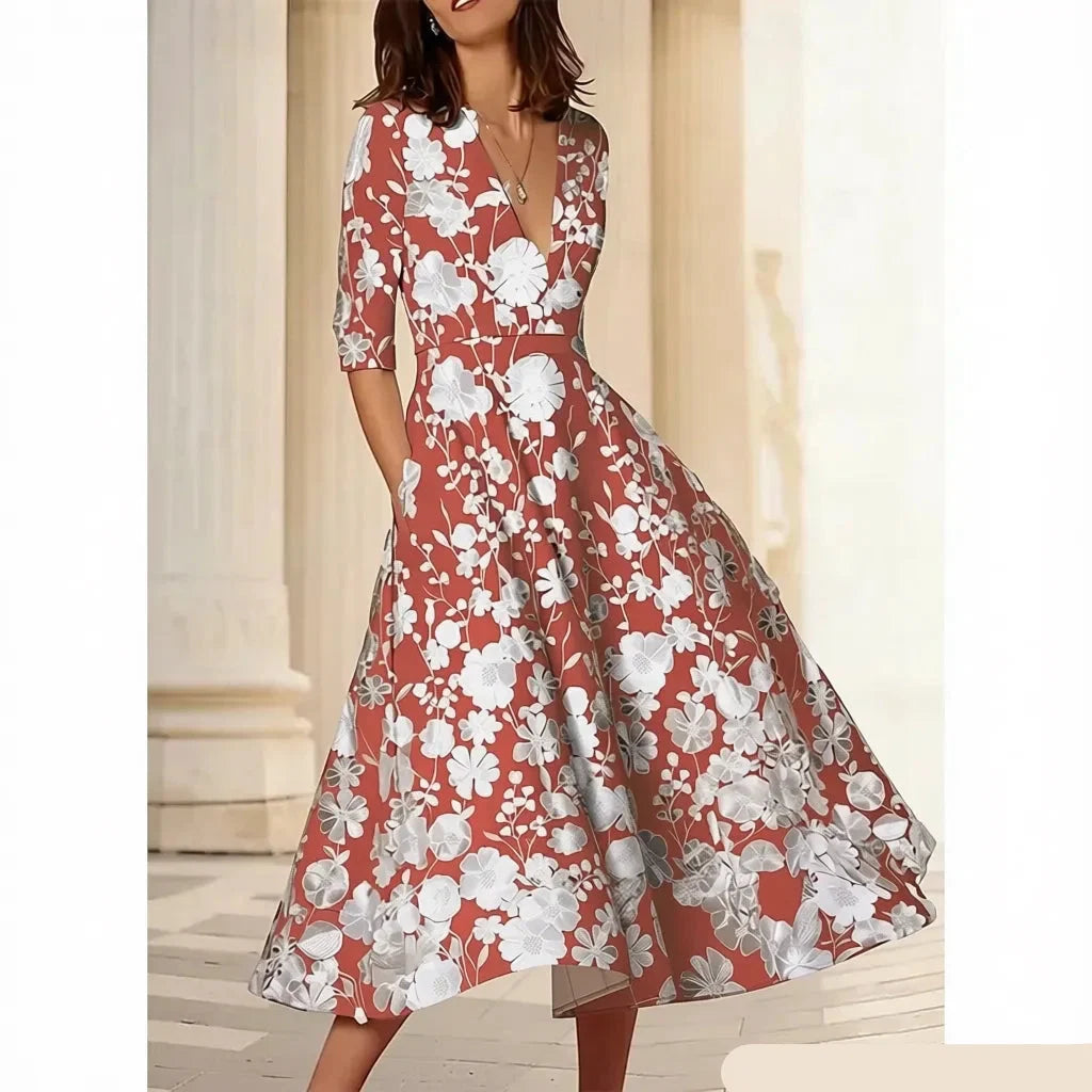 Vibrant A-Line Deep V Neck 3/4 Sleeve Midi Floral Dress