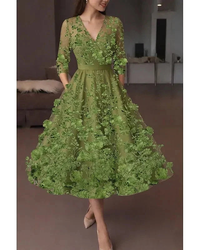 Vibrant A-Line Deep V Neck 3/4 Sleeve Midi Floral Dress