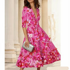 Vibrant A-Line Deep V Neck 3/4 Sleeve Midi Floral Dress