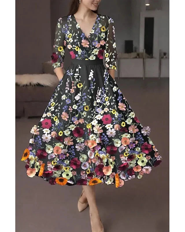 Vibrant A-Line Deep V Neck 3/4 Sleeve Midi Floral Dress