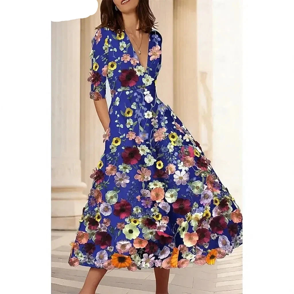 Vibrant A-Line Deep V Neck 3/4 Sleeve Midi Floral Dress