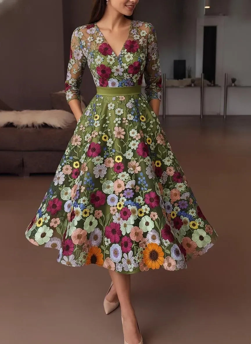 Vibrant A-Line Deep V Neck 3/4 Sleeve Midi Floral Dress