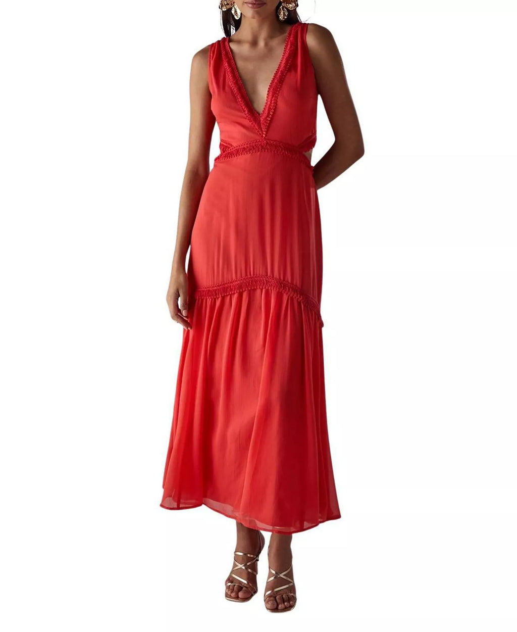 Vibrant A-Line Deep-V-Neck Sleeveless Cutout-Back Midi-Length For Adults Prom Dress