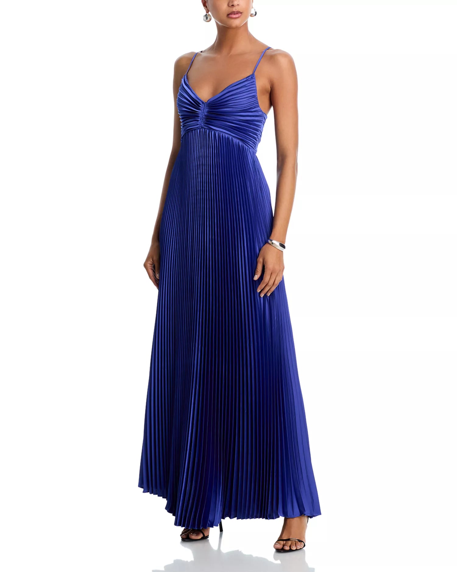 Vibrant A Line Deep V Neck Spaghetti Strap Pleated Bodice Floor Length For Ladies Prom Dress