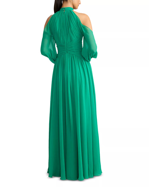 Vibrant A Line Halter Neck Cold Shoulder Ruched Bodice Floor Length For Ladies Prom Dress