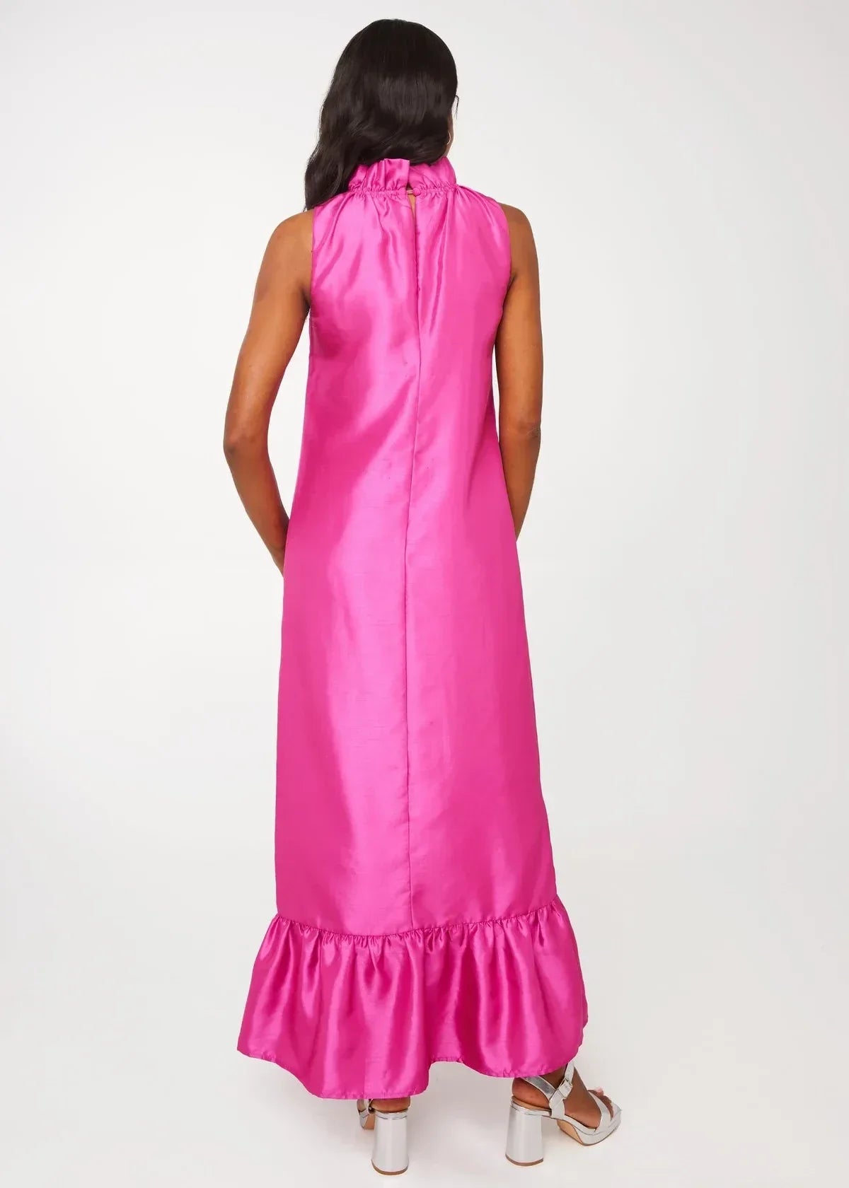 Vibrant A Line Mock Neck Sleeveless Back Zip Ruffle Hem Floor Length Prom Dress