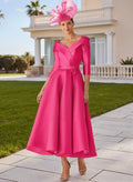 Vibrant A-Line Off-the-Shoulder Three-Quarter Sleeve Fuchsia Mother of the Bride Dress with Bow Detail