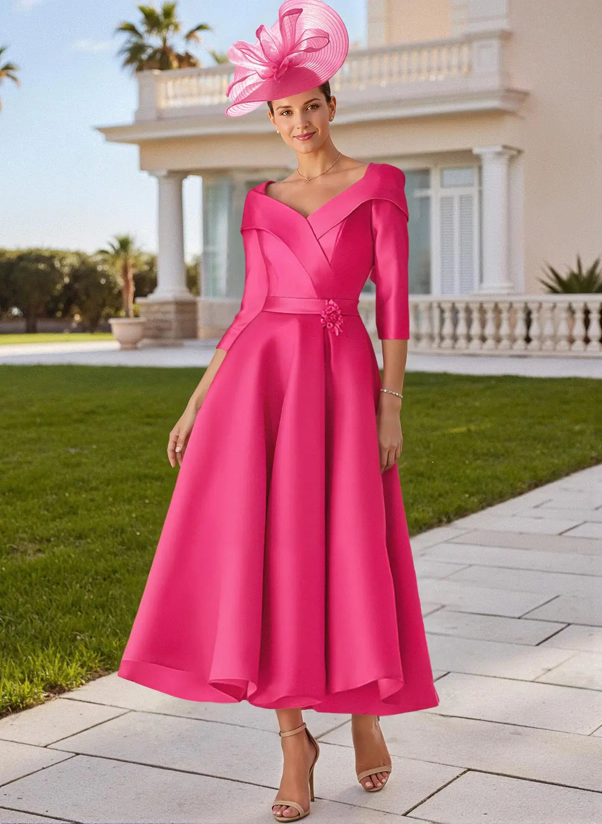 Vibrant A-Line Off-the-Shoulder Three-Quarter Sleeve Fuchsia Mother of the Bride Dress with Bow Detail