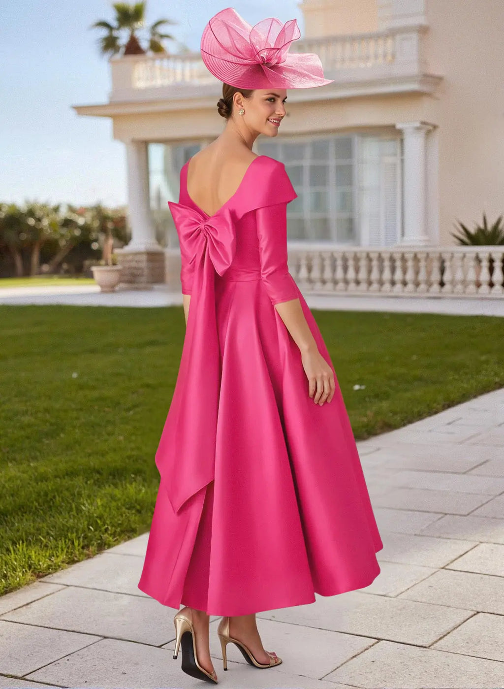 Vibrant A-Line Off-the-Shoulder Three-Quarter Sleeve Fuchsia Mother of the Bride Dress with Bow Detail