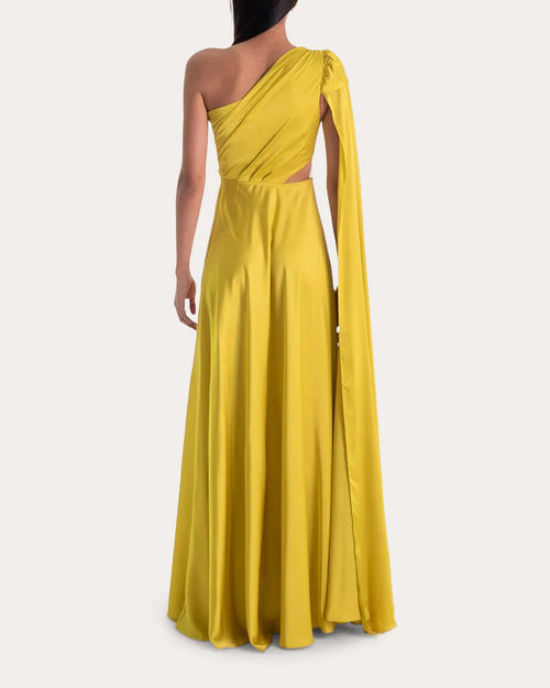 Robe de bal longue avec découpes dans le dos, coupe trapèze asymétrique et manches cape
