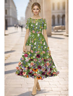 Vibrant A-Line Round Neck Short Sleeve Midi Floral Dress