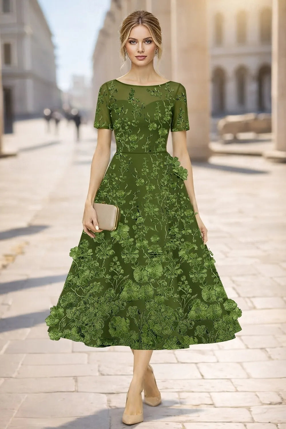 Vibrant A-Line Round Neck Short Sleeve Midi Floral Dress