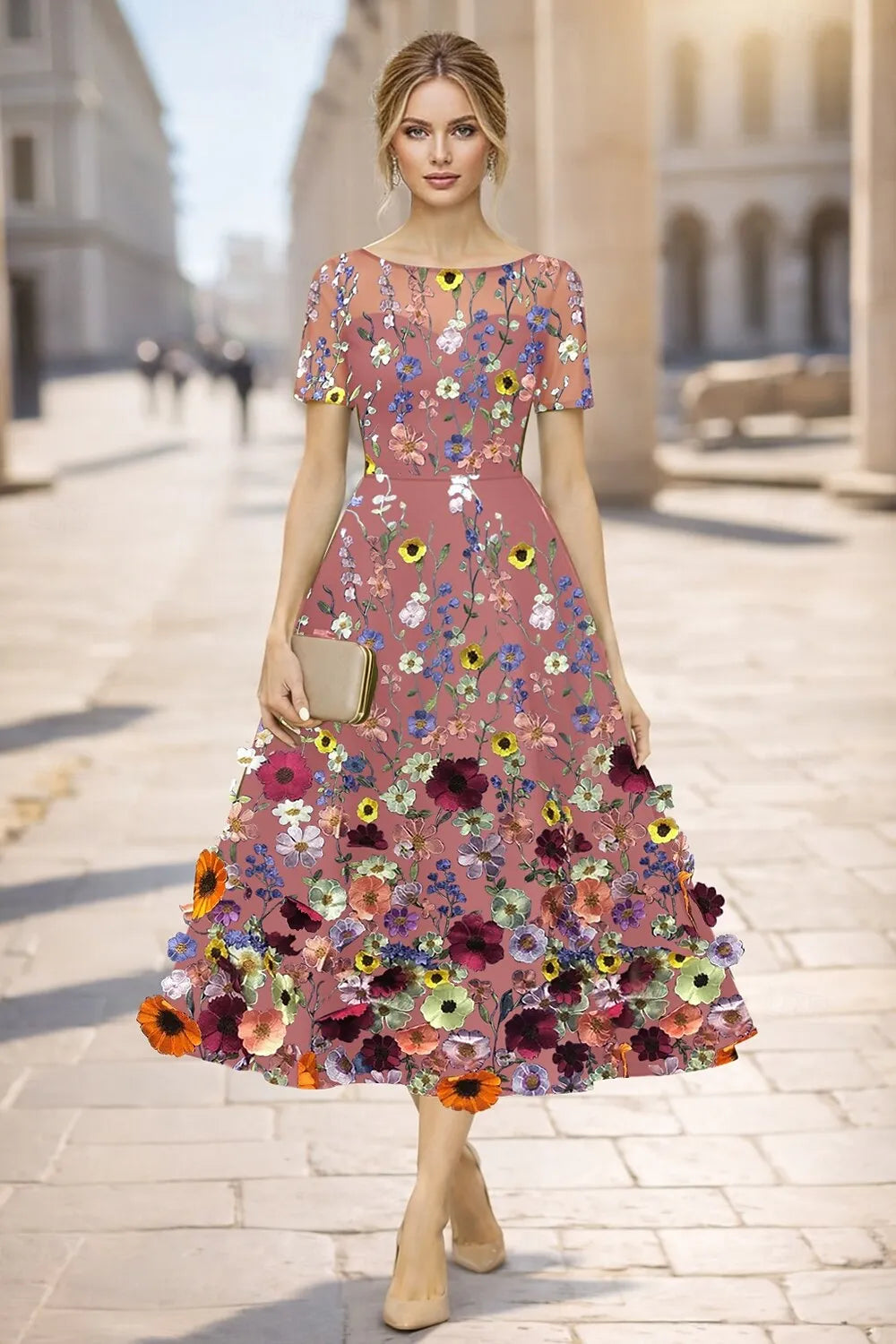 Vibrant A-Line Round Neck Short Sleeve Midi Floral Dress