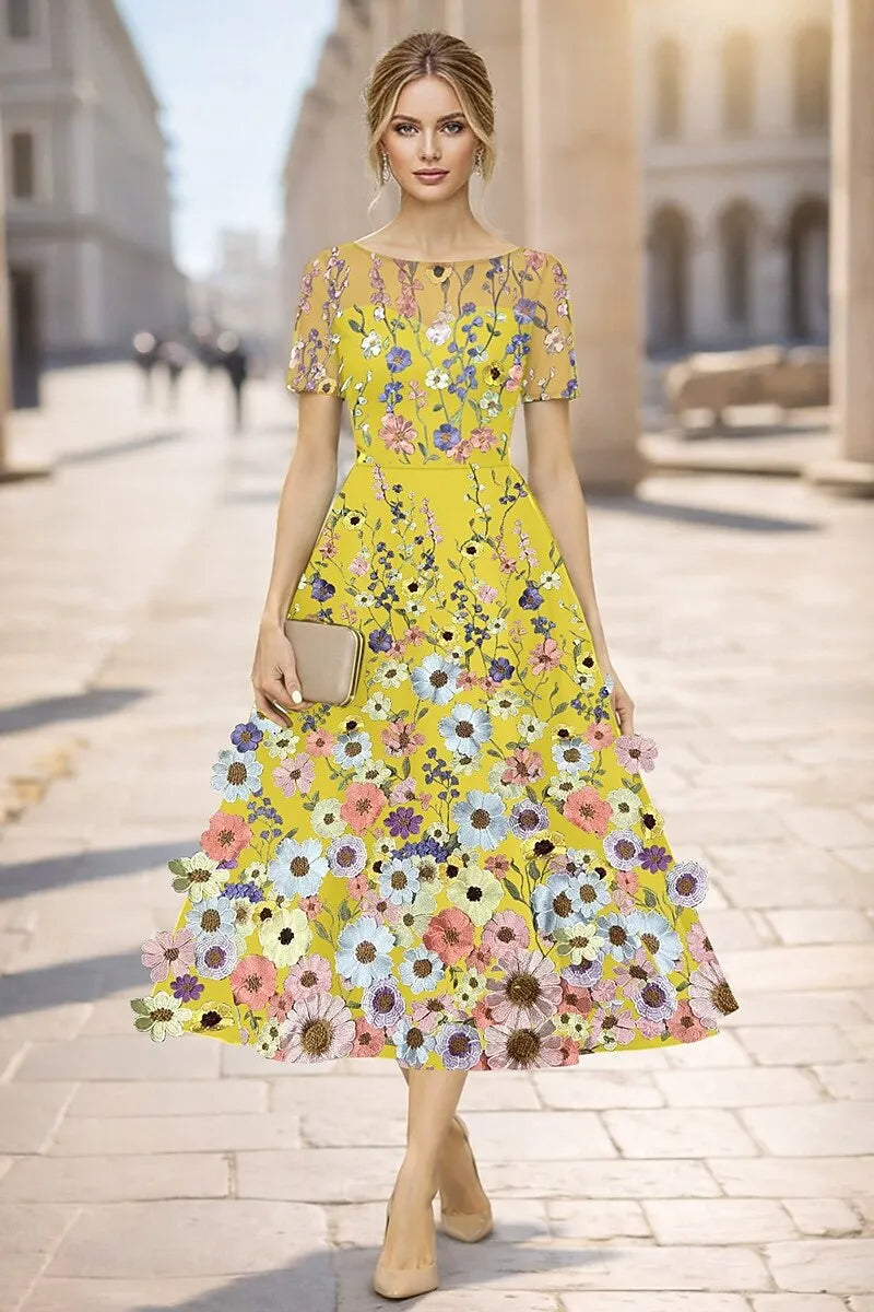 Vibrant A-Line Round Neck Short Sleeve Midi Floral Dress