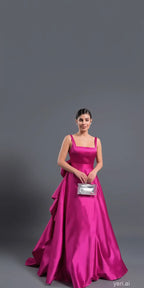 Vibrant A-Line Square Neck Floor-Length Evening Gown with Oversized Bow