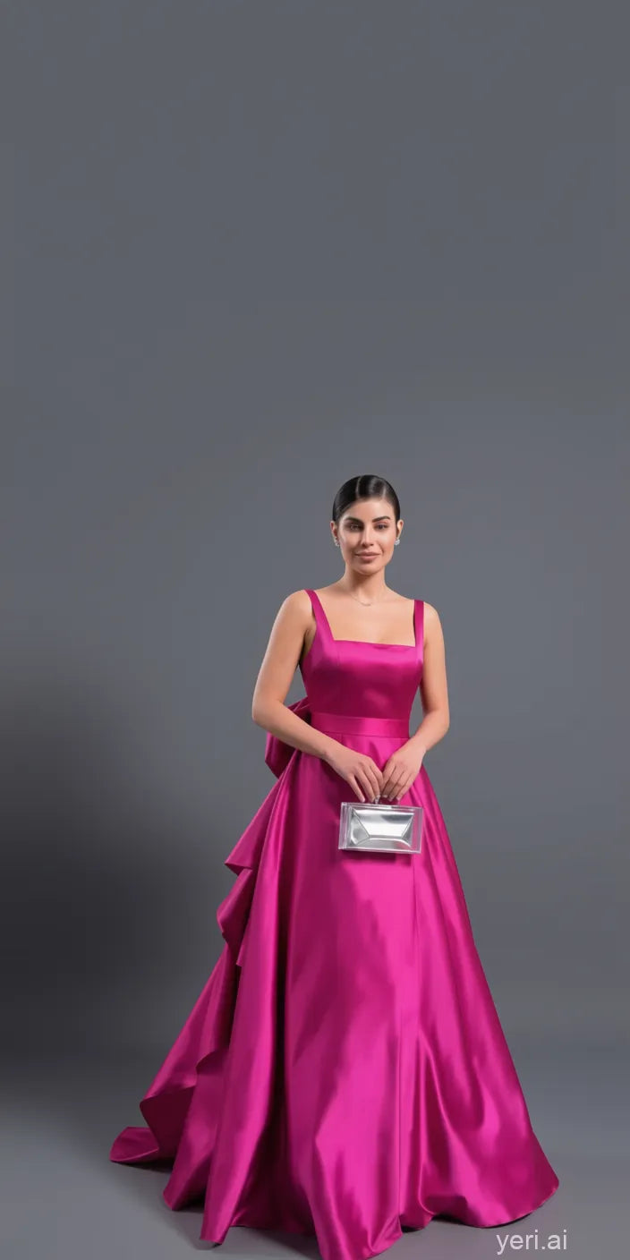 Vibrant A-Line Square Neck Floor-Length Evening Gown with Oversized Bow