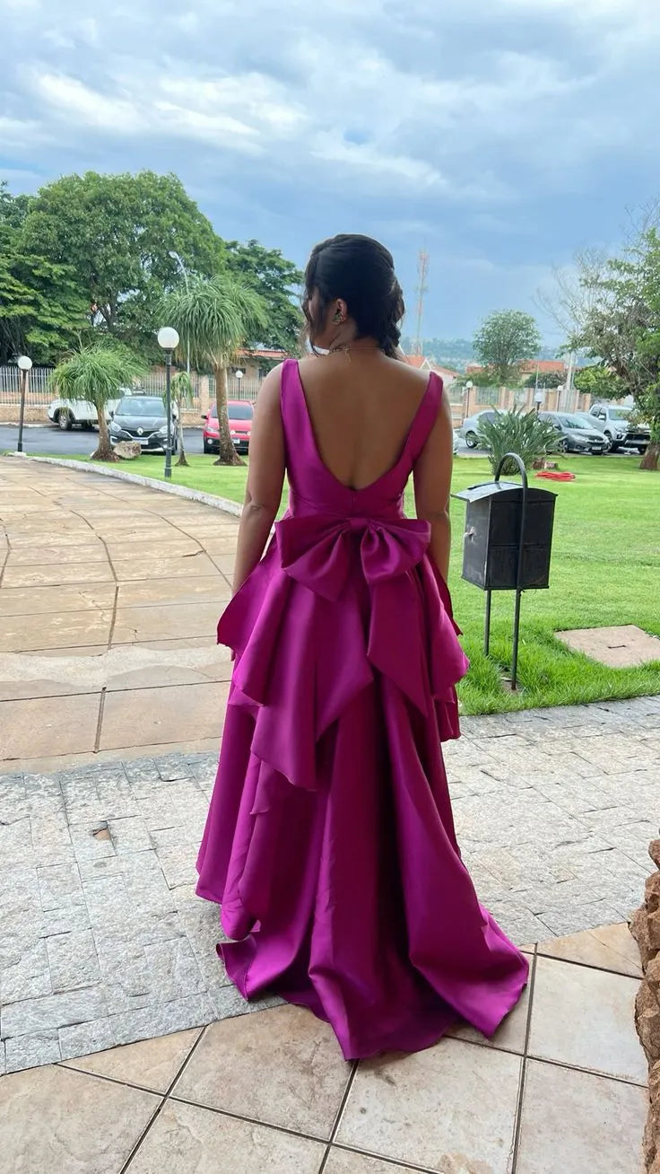 Vibrant A-Line Square Neck Floor-Length Evening Gown with Oversized Bow